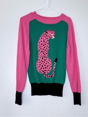 🍓 Oxknit Pink Green Leopard Graphic Colorblock 100% Cotton Sweater Small